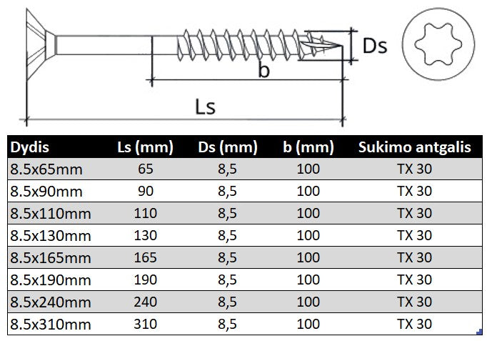Sraigtas ileidziama TORX galva akytam betonui Specifikacija