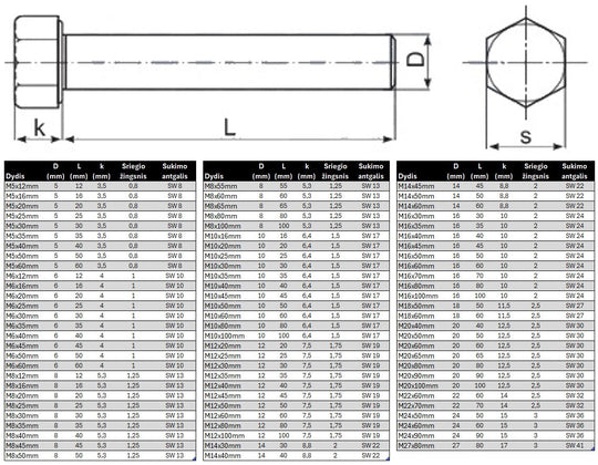 Varztas sesiakampe galva su pilnu sriegiu DIN933 Cinkuotas Specifikacija